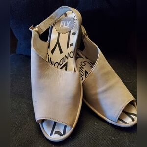 Beige/Grey Fly London small wedge sandals size 38 in near perfect condition!!